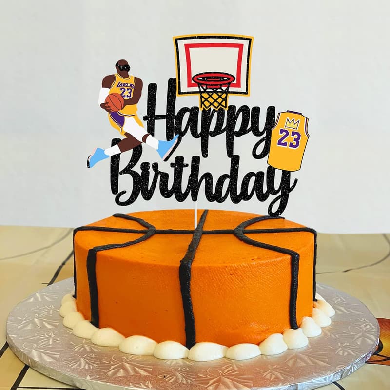 Basketball Birthday Cake Topper - Happy Birthday Black Glitter