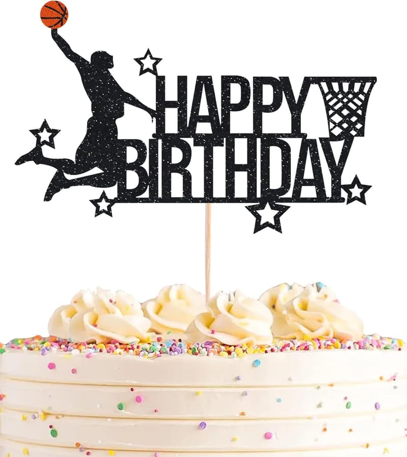 Basketball Birthday Cake Topper - Black Glitter Decor