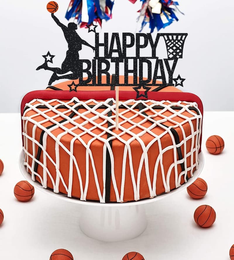Basketball Birthday Cake Topper - Black Glitter Decor