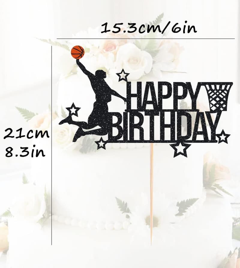 Basketball Birthday Cake Topper - Black Glitter Decor