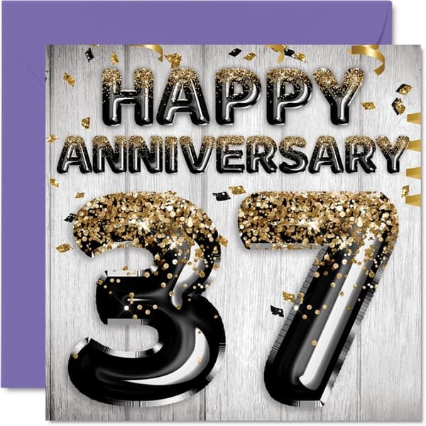 37th Anniversary Card - Black Gold Glitter - For Husband & Wife