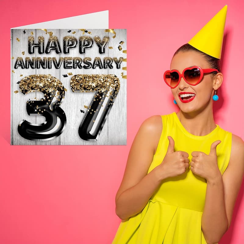 37th Anniversary Card - Black Gold Glitter - For Husband & Wife
