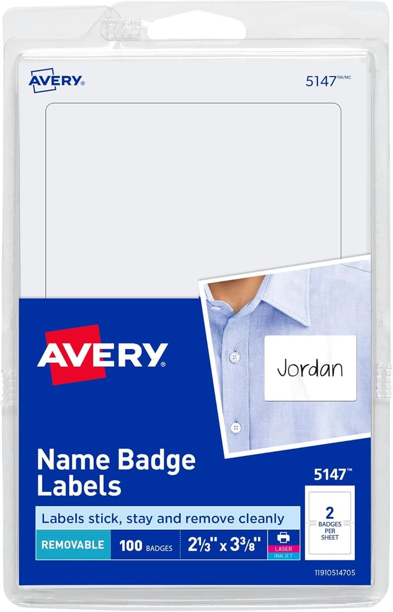 White Removable Name Tags, 1,800 Total, 100 per Pack