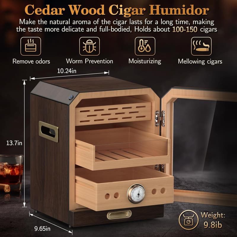 Large Capacity Desktop Cigar Humidor with Accessories – Holds 100-150 Cigars