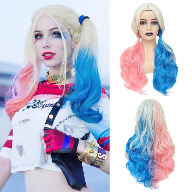 Halloween Pink and Blue Harley Quinn Wig with Clip-on Ponytails