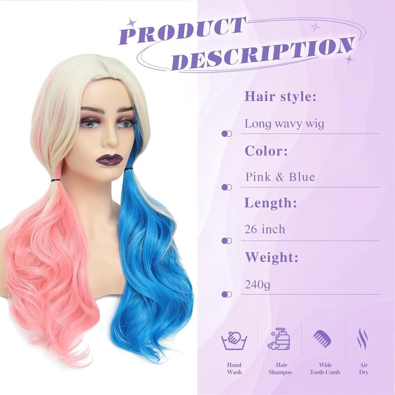 Halloween Pink and Blue Harley Quinn Wig with Clip-on Ponytails