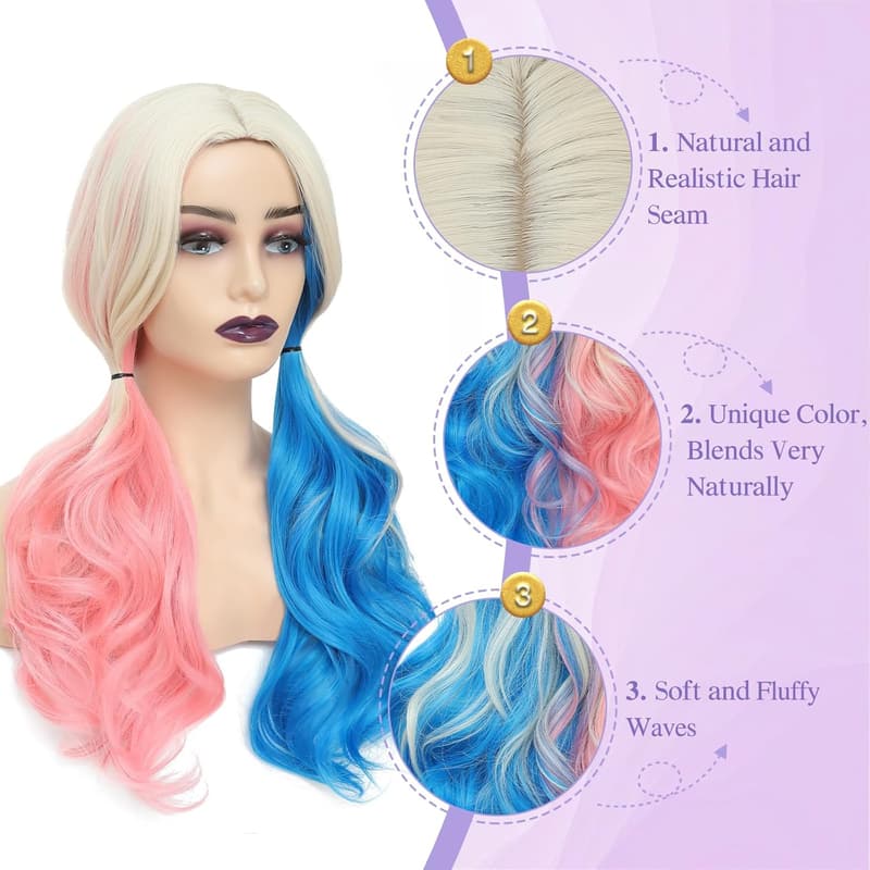 Halloween Pink and Blue Harley Quinn Wig with Clip-on Ponytails