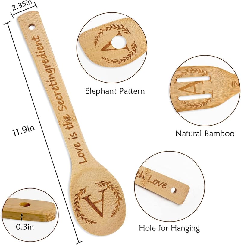 Personalized Monogrammed Bamboo Cooking Spoons Set for Women
