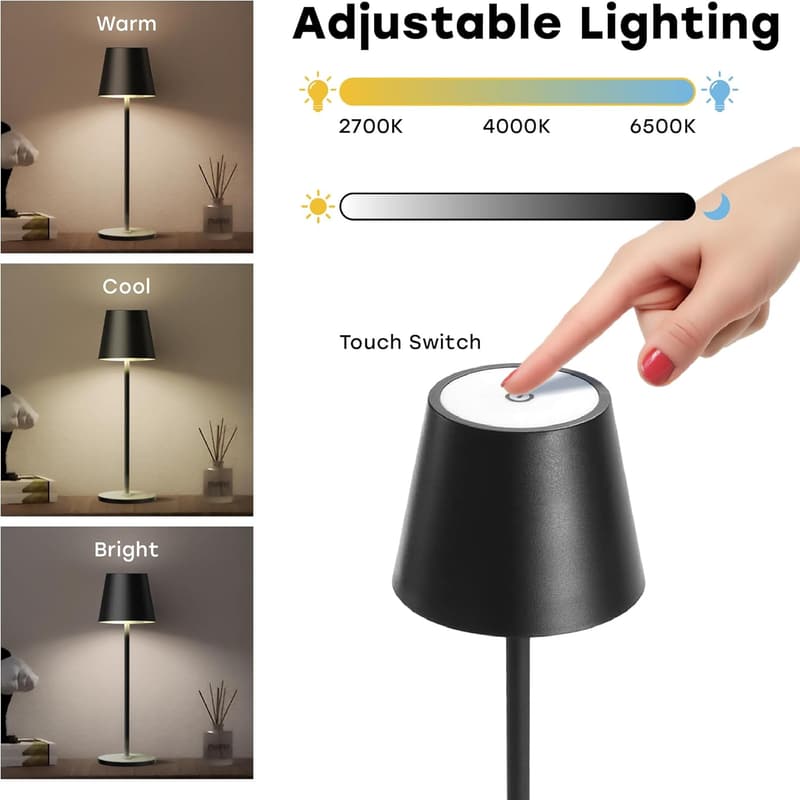 Portable LED Table Lamp - Cordless, Battery Operated, 3 Dimming Modes