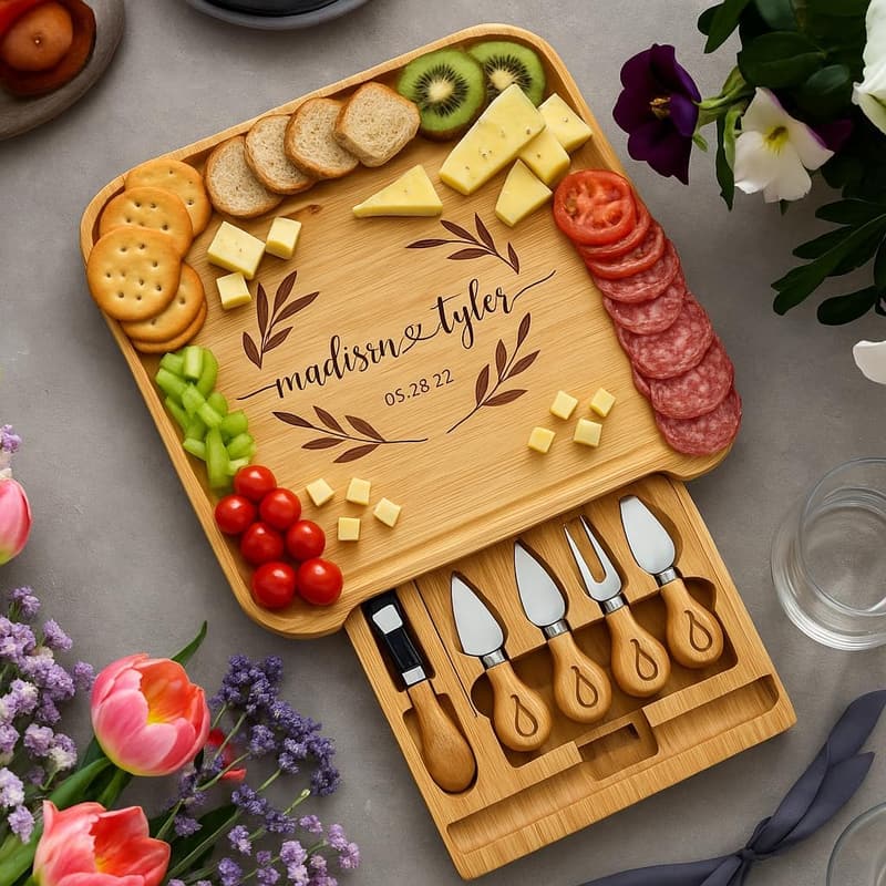 Custom Engraved Bamboo Charcuterie Board Set - Wedding & Housewarming Gift