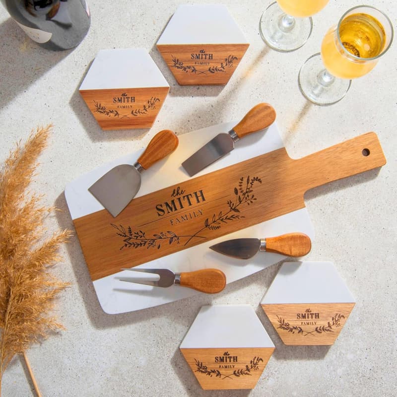 Personalized Acacia Wood Cutting Board & Coaster Set - Ideal Wedding Gift