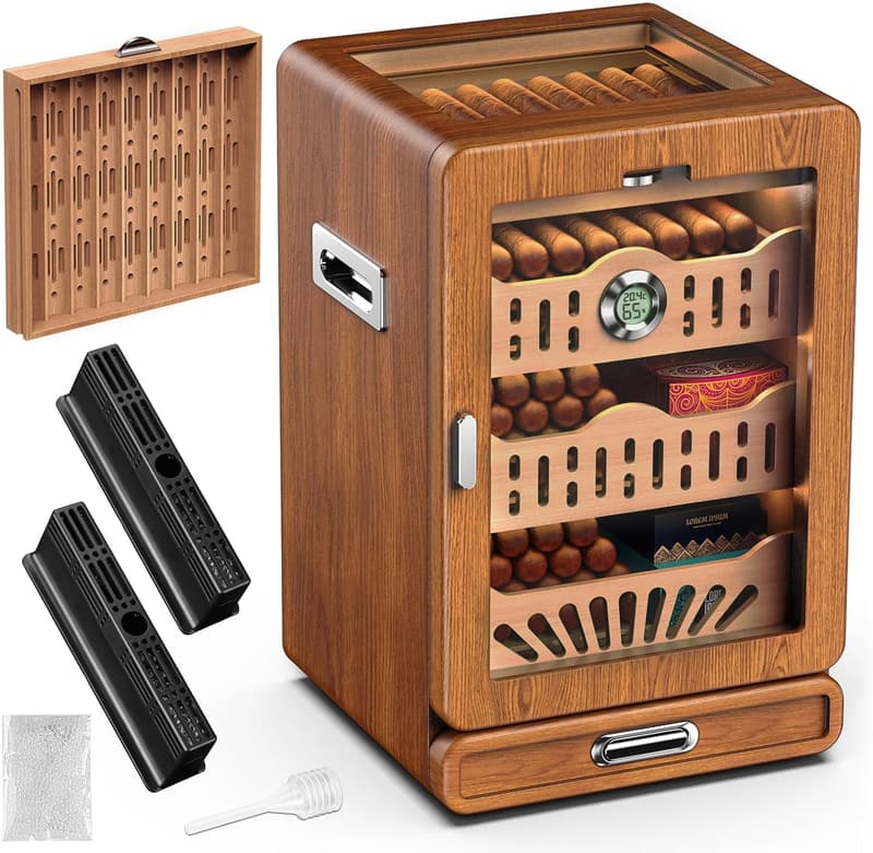 Desktop Cigar Humidor with Glass Top and Accessories for Men