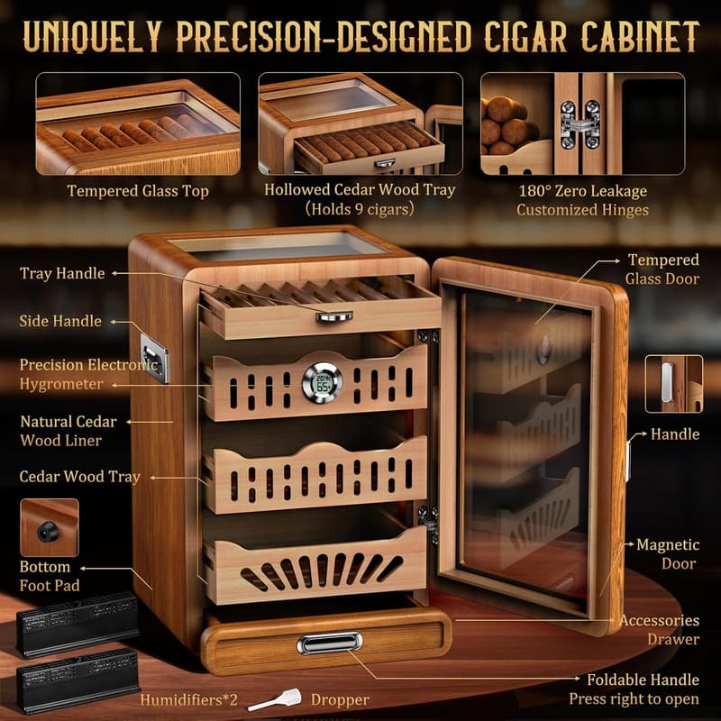 Desktop Cigar Humidor with Glass Top and Accessories for Men