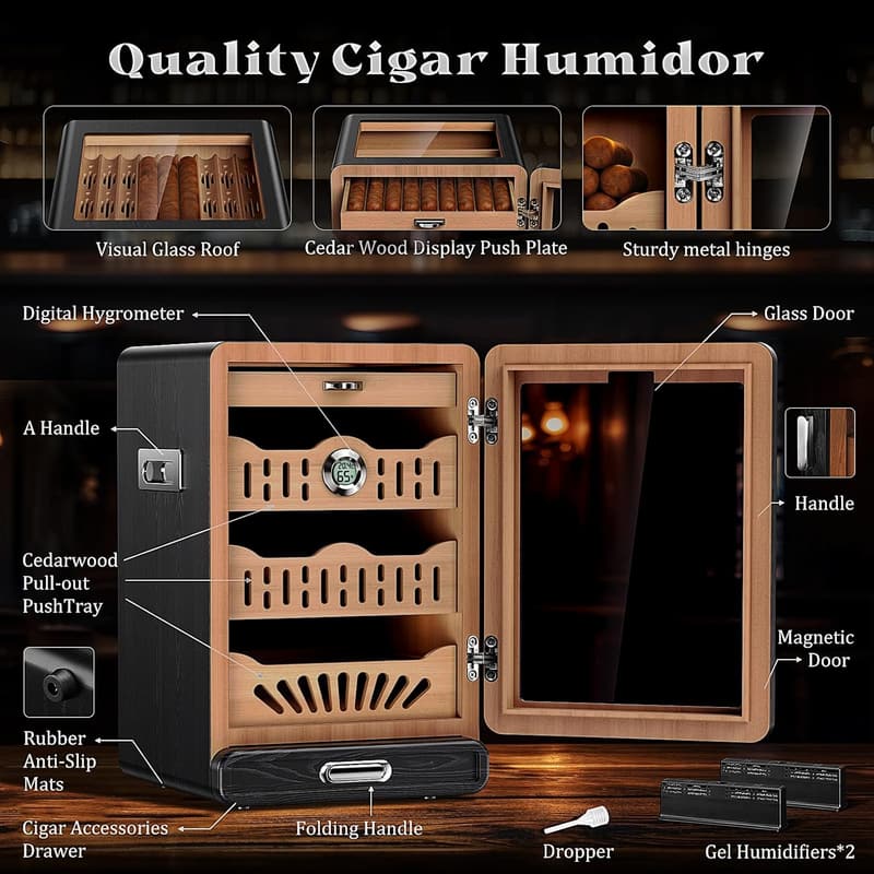 Tabletop Cigar Humidor with Glass Lid & Accessories for Men
