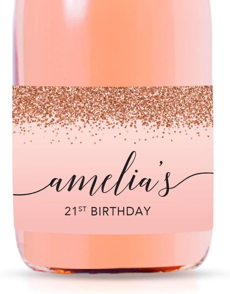 21st Birthday Personalized Champagne Bottle Labels - Blush Pink Glitter