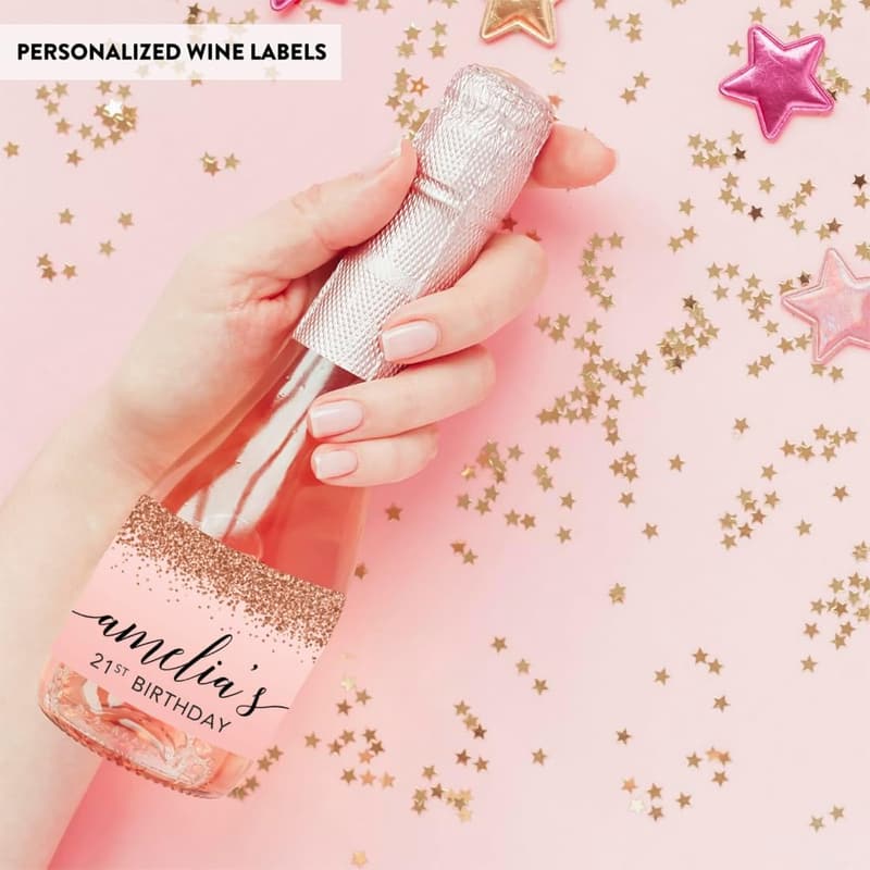 21st Birthday Personalized Champagne Bottle Labels - Blush Pink Glitter