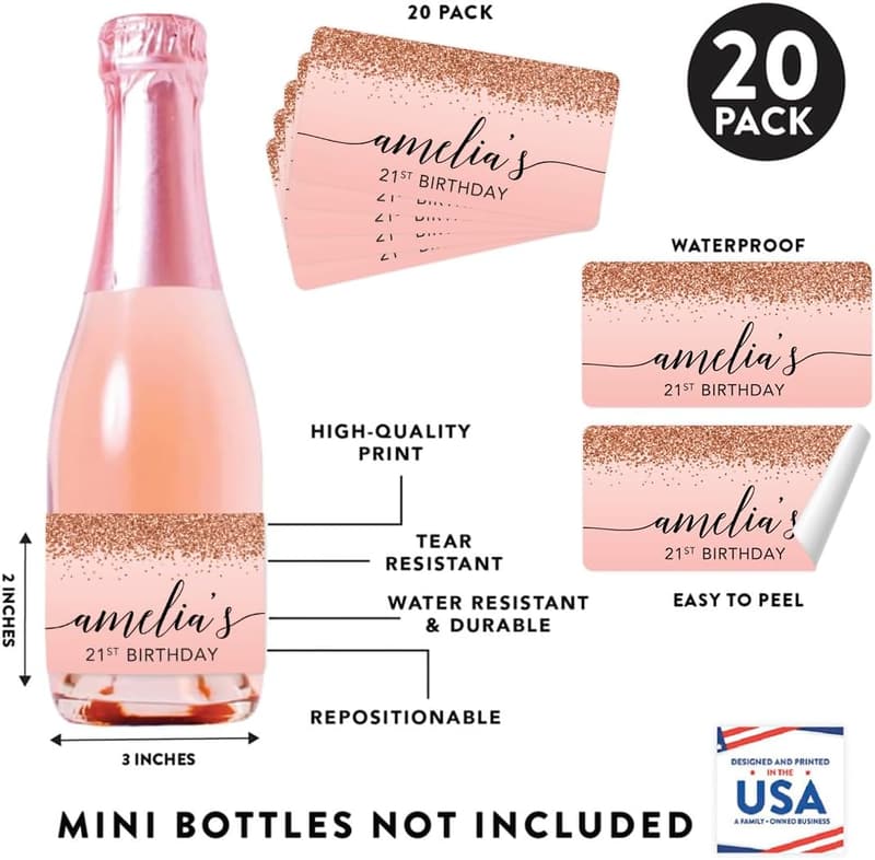 21st Birthday Personalized Champagne Bottle Labels - Blush Pink Glitter