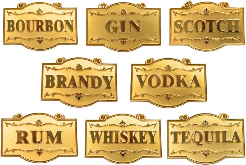 Golden Liquor Bottle Tags Set of 8 with Adjustable Chains