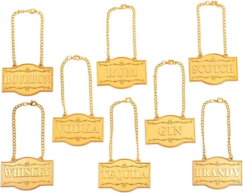 Golden Liquor Bottle Tags Set of 8 with Adjustable Chains