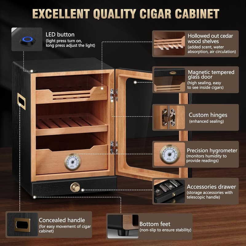 LED Cigar Humidor Cabinet for 100-150 Cigars, Gift for Men