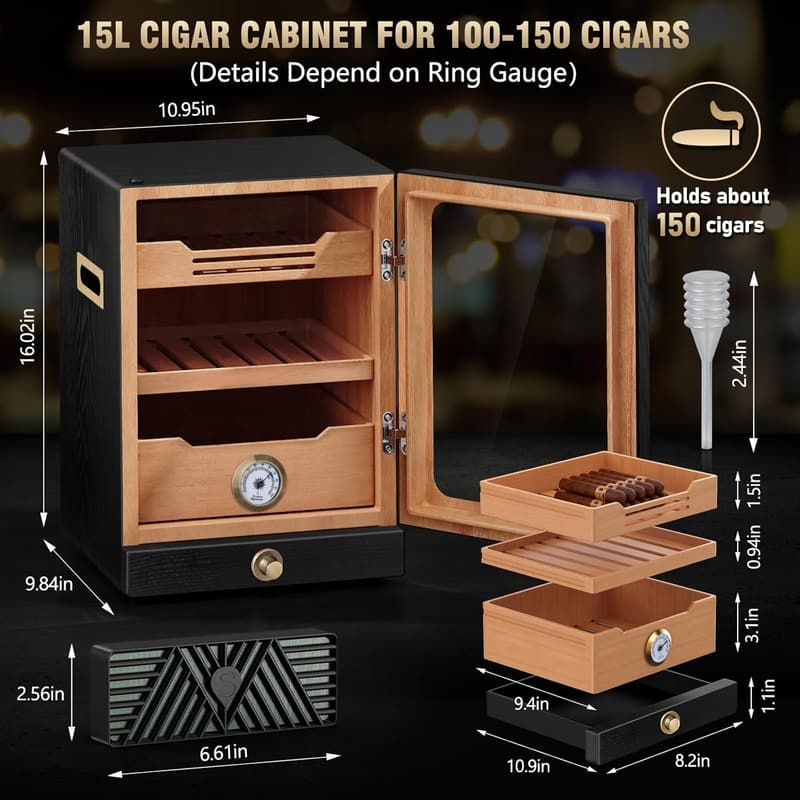 LED Cigar Humidor Cabinet for 100-150 Cigars, Gift for Men