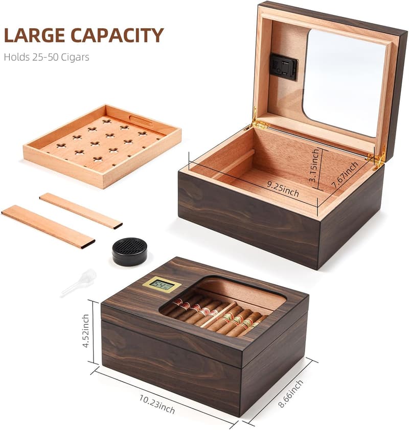 Modern Cedar Cigar Humidor with Digital Hygrometer - Holds 50 Cigars