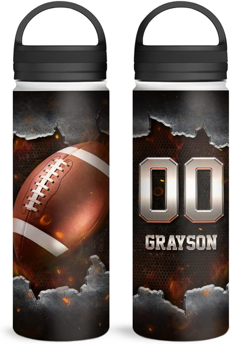 Personalized Football Player Water Bottle - Stainless Steel, 32oz