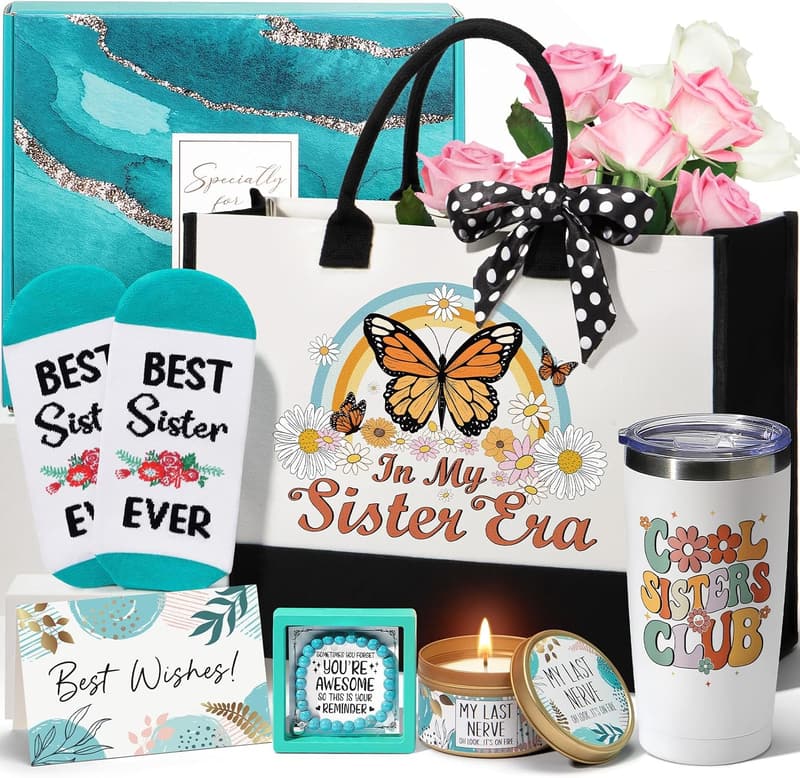 Sister's Day Gift Basket with Retro Canvas Tote Bag