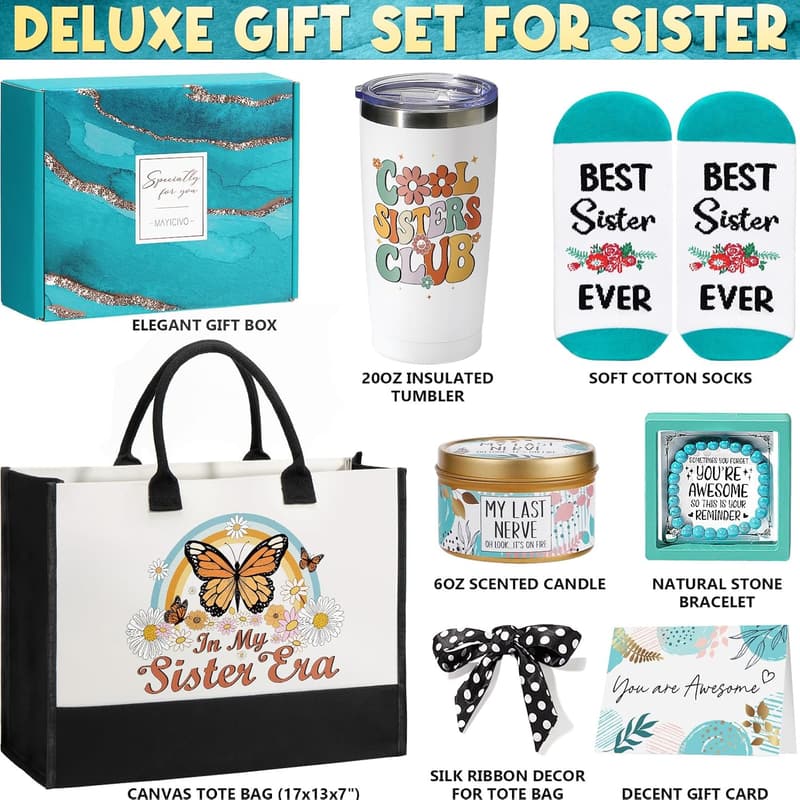 Sister's Day Gift Basket with Retro Canvas Tote Bag