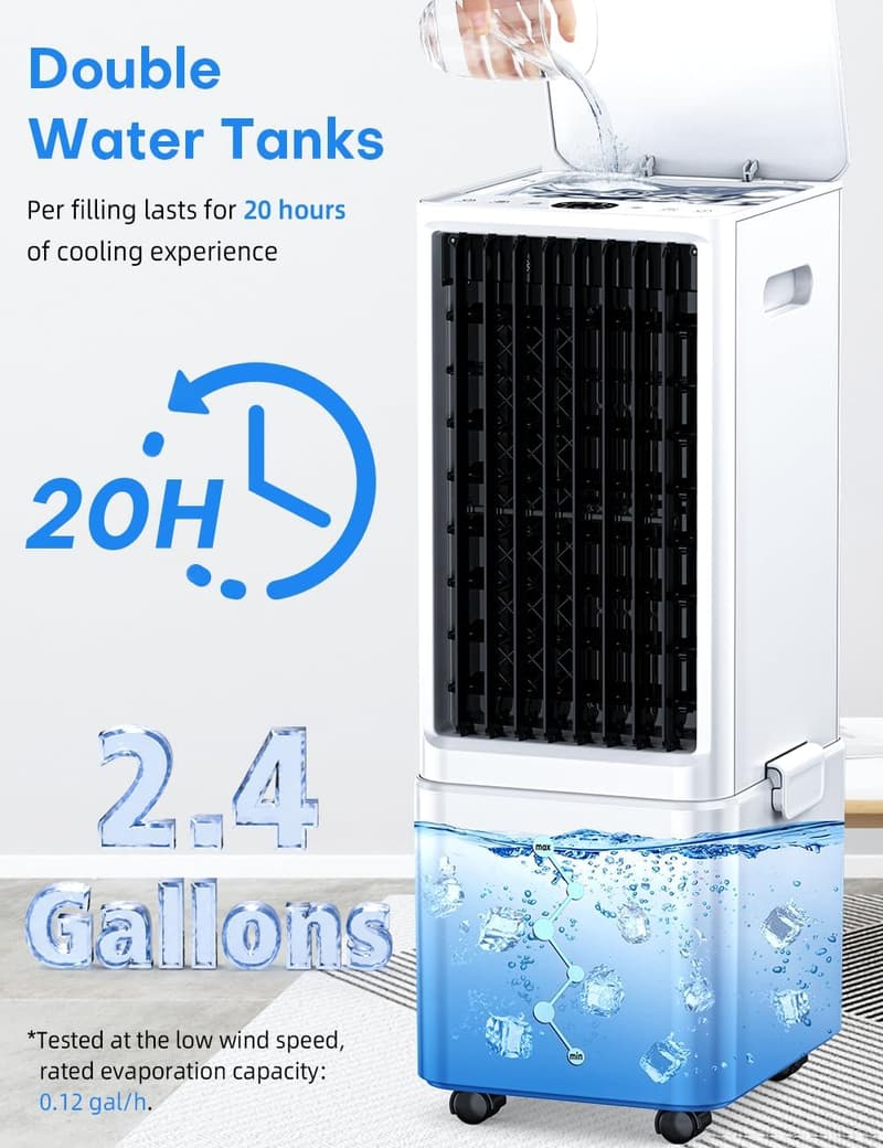 Portable Air Conditioner with 4 Modes, 3 Speeds, and 20H Cooling