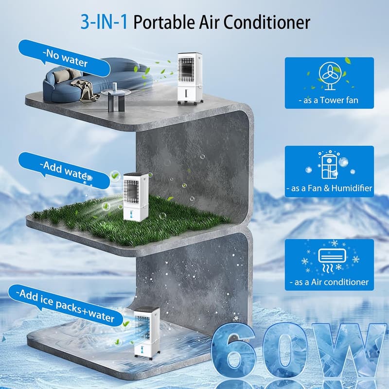 3-IN-1 Portable Air Conditioner with Remote & Timer