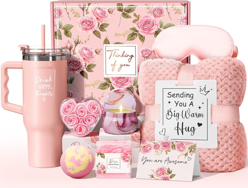 Spa Gift Basket for Women with Flannel Blanket & Tumbler