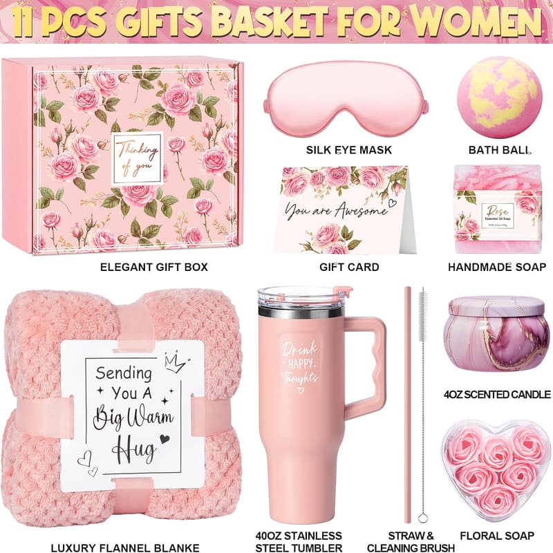 Spa Gift Basket for Women with Flannel Blanket & Tumbler