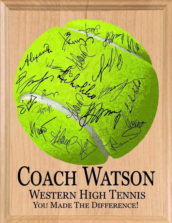 Personalized Solid Wood Tennis Coach Plaque for Team Signatures