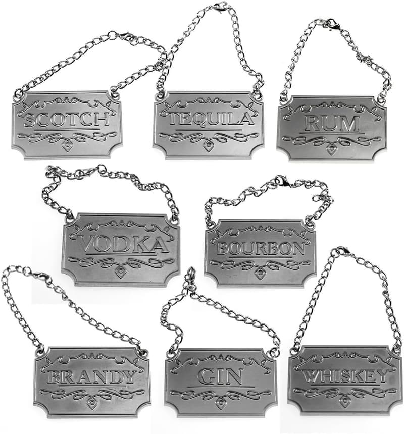 Set of 8 Silver Liquor Decanter Labels for Spirits