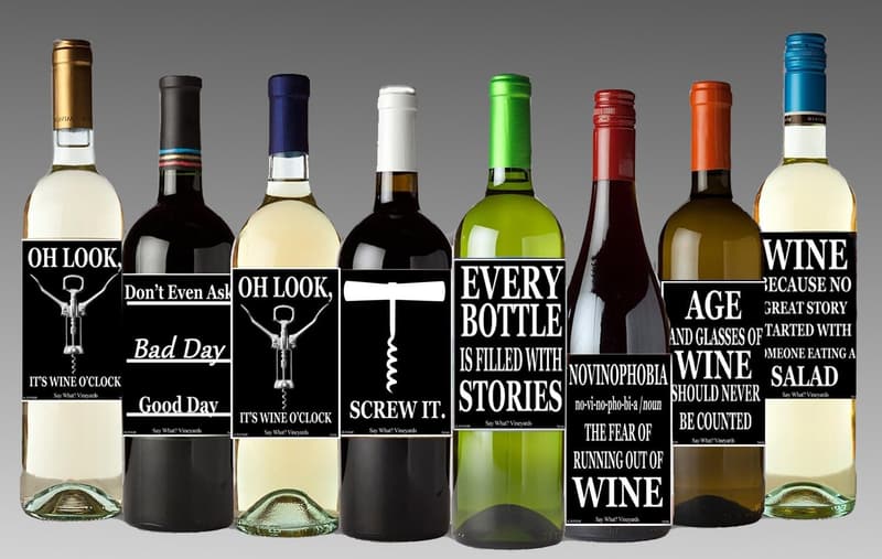 Funny Black and White Wine Bottle Labels - Set of 12