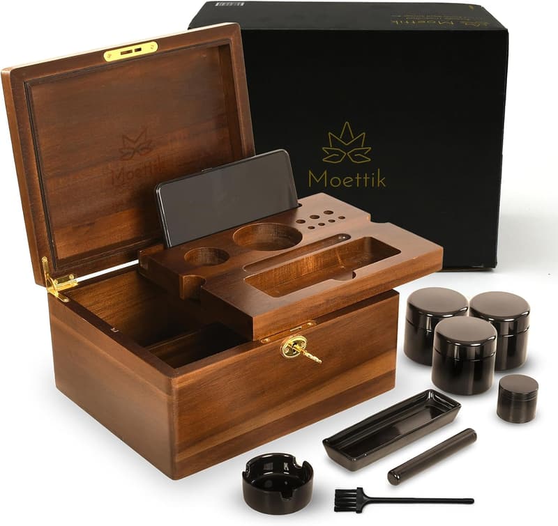 Upgraded Acacia Storage Box with Removable Tray & 3 Glass Jars