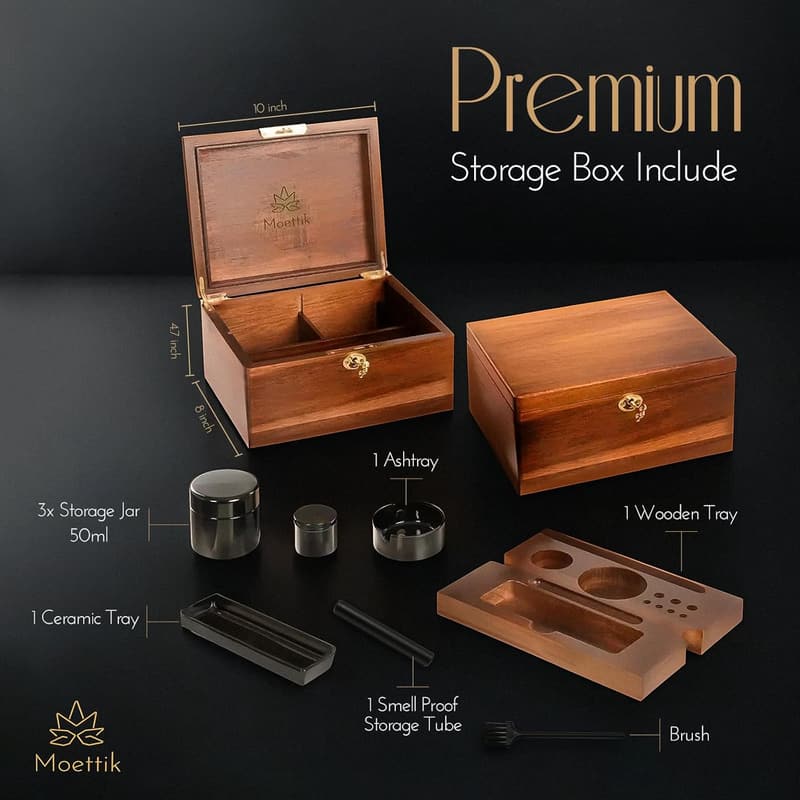 Upgraded Acacia Storage Box with Removable Tray & 3 Glass Jars