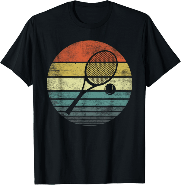 Tennis Coach T-Shirt - Retro Sunset Racquet & Ball Design