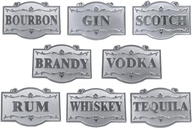 Set of 8 Silver Liquor Tags with Adjustable Chains