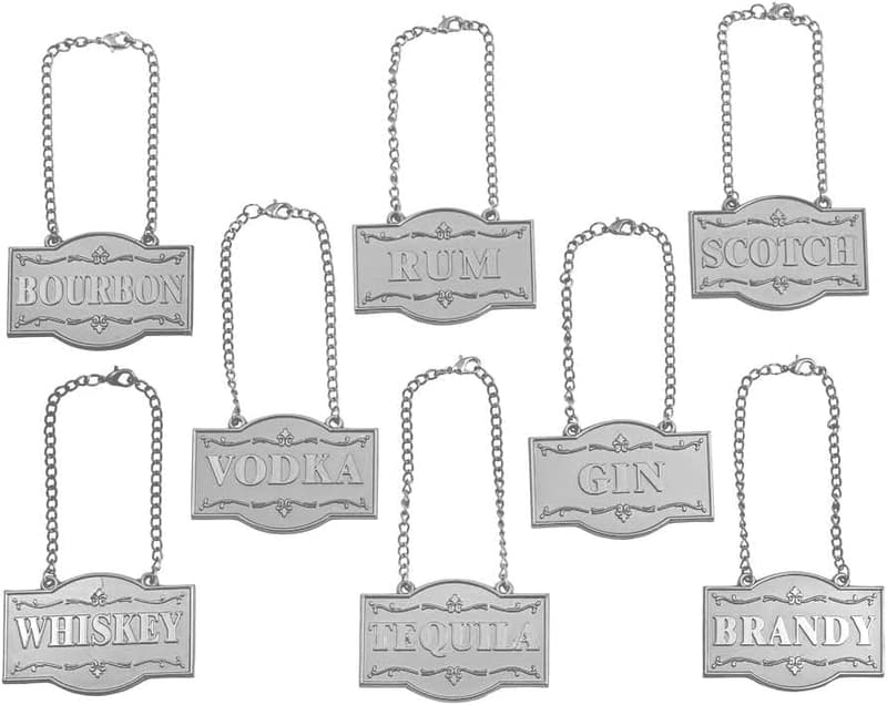 Set of 8 Silver Liquor Tags with Adjustable Chains