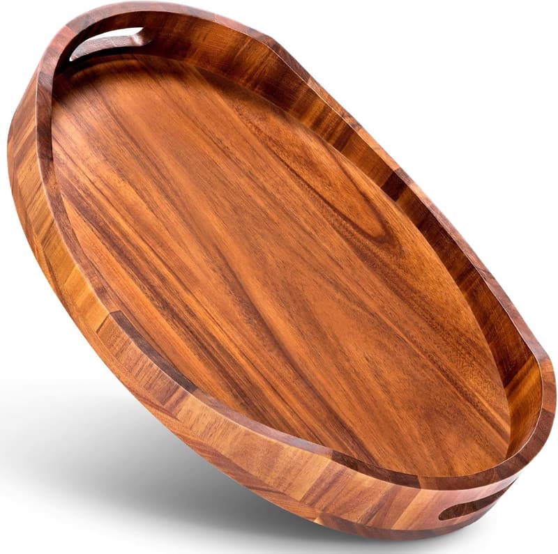 Acacia Wood Serving Tray with Handles for Breakfast & Decor