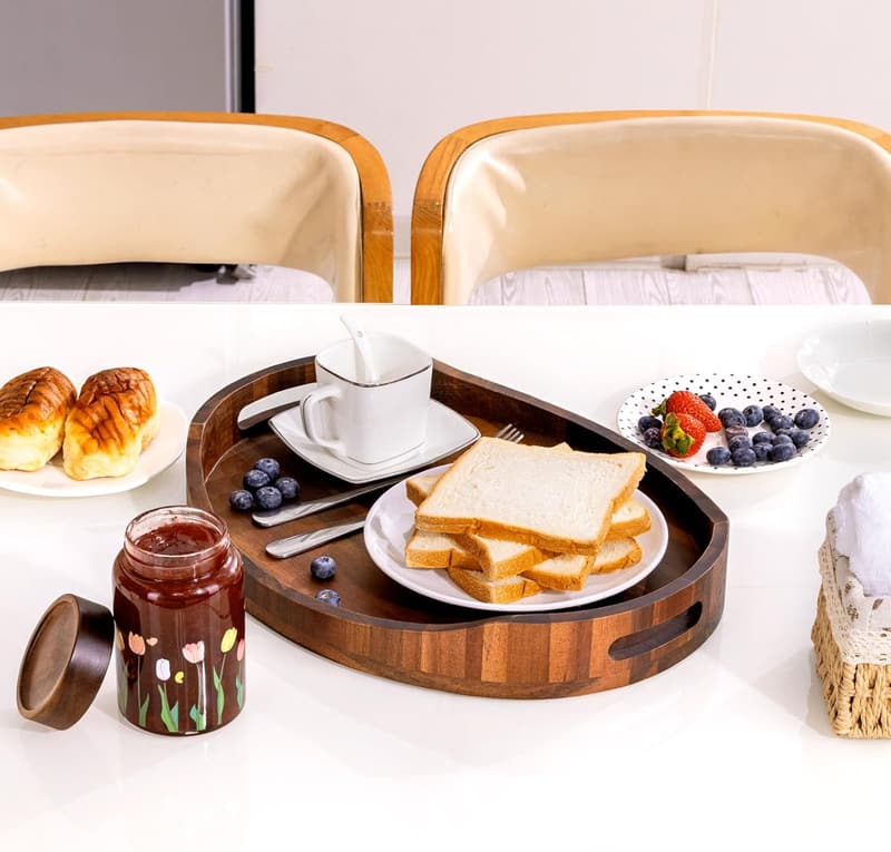 Acacia Wood Serving Tray with Handles for Breakfast & Decor