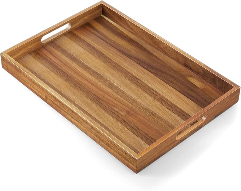 Large Acacia Wood Serving Tray with Handles - 17 Inch