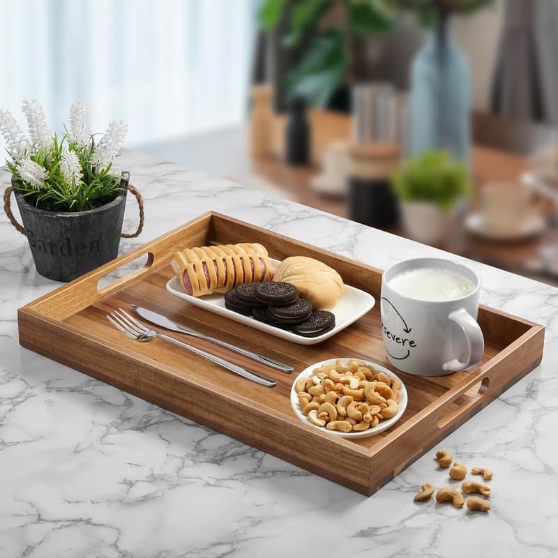 Large Acacia Wood Serving Tray with Handles - 17 Inch