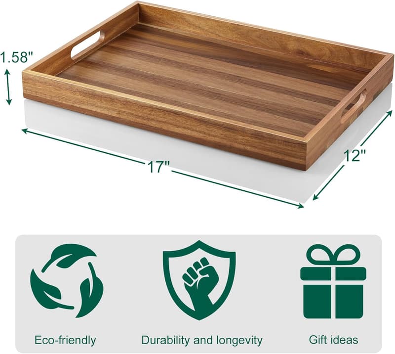 Large Acacia Wood Serving Tray with Handles - 17 Inch