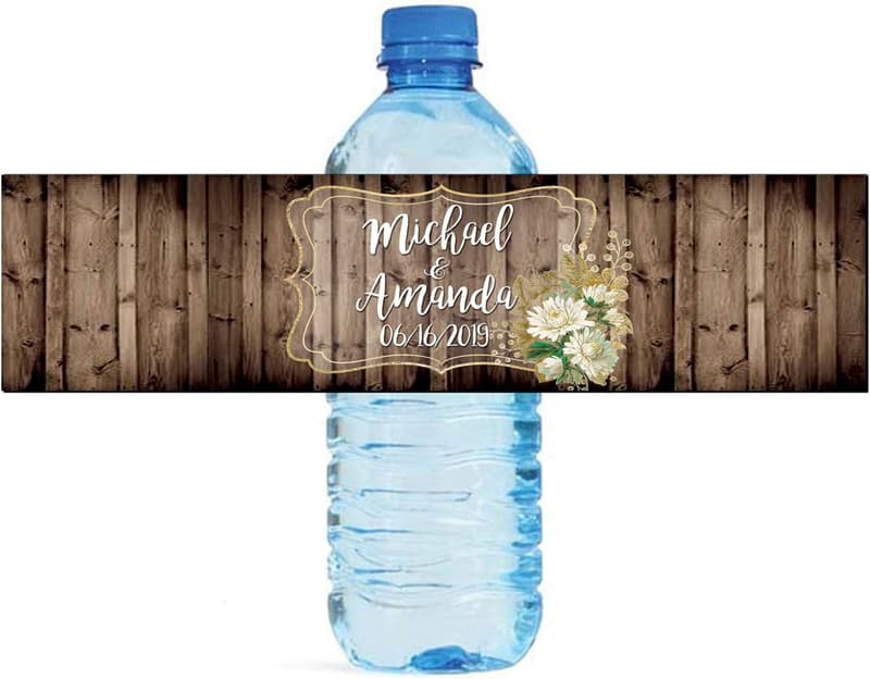 Rustic Wood Water Bottle Labels | White & Gold Floral Design