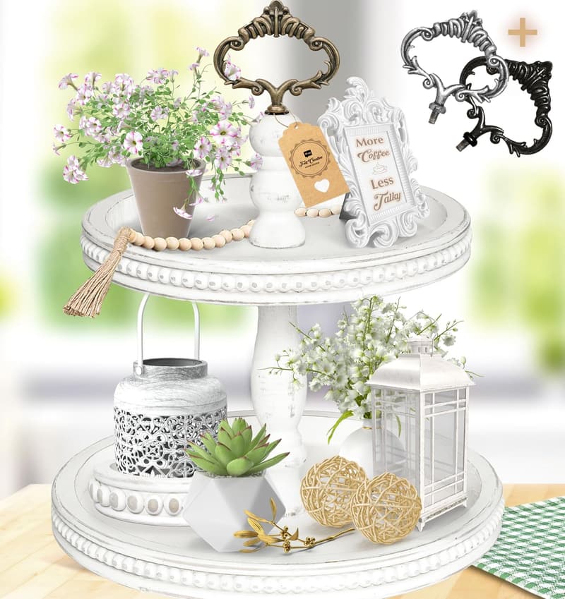 Wooden 2-Tier Serving Tray with Beaded Detail - Farmhouse Decor