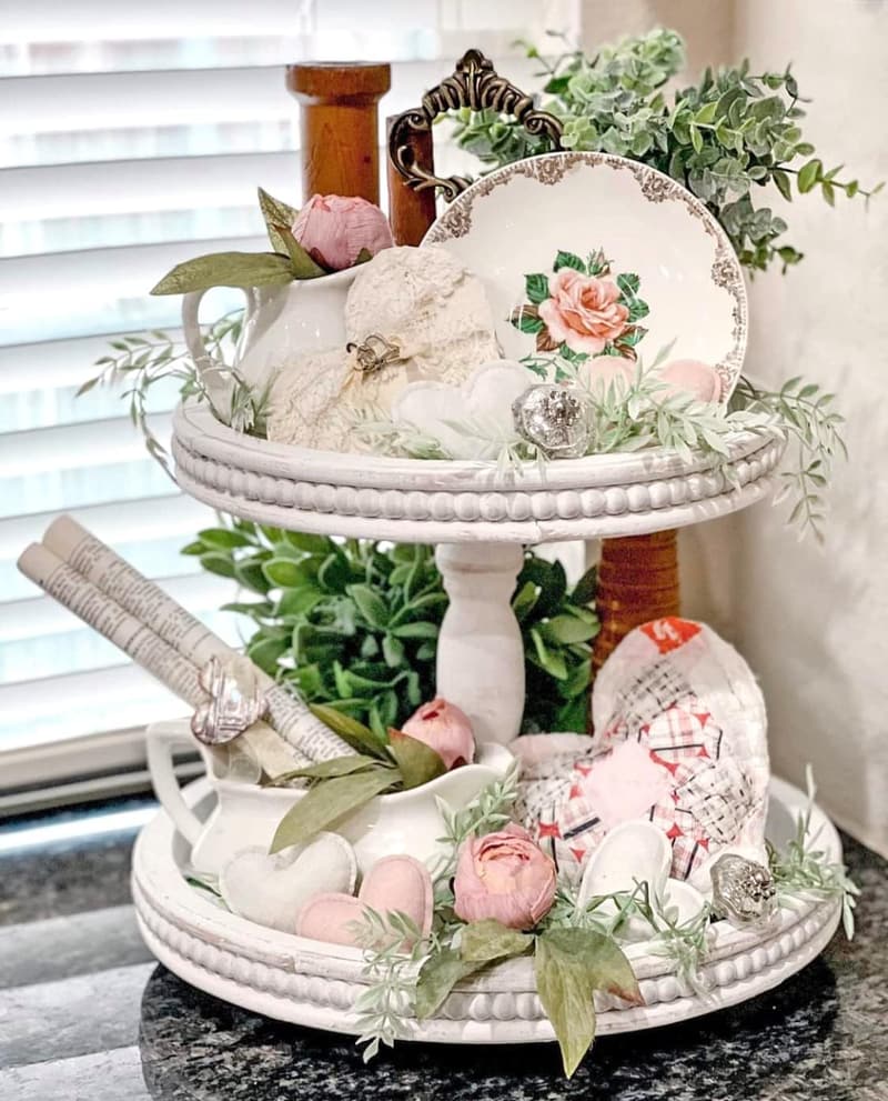Wooden 2-Tier Serving Tray with Beaded Detail - Farmhouse Decor