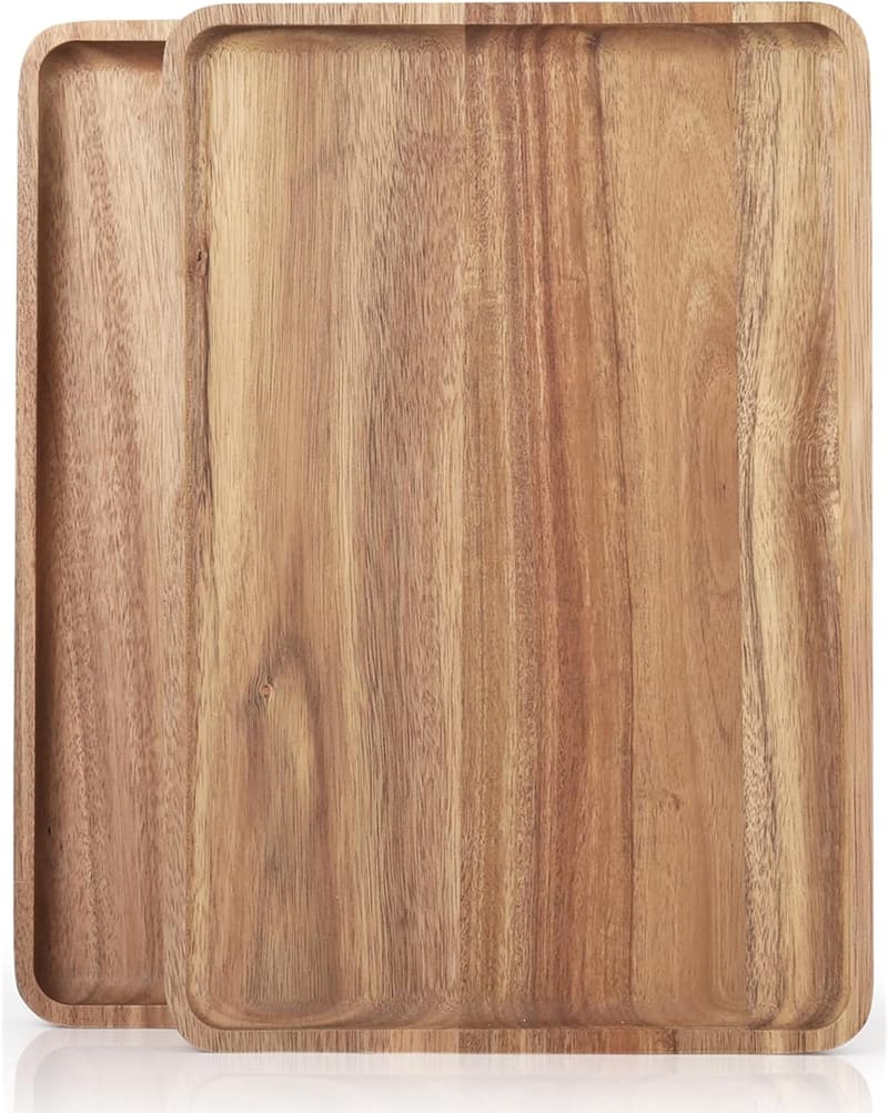 Large Acacia Wood Serving Trays - 16 x 12 in, Set of 2